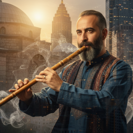 Görsel Promptu Professional cinematic portrait of a Turkish musician playing the ney flute. The background features a double exposure blend of traditional Anatolian architecture and a modern New York City skyline at dusk. Ethereal golden light, mystical smoke, 8k resolution, artistic and spiritual atmosphere representing the fusion of East and West.