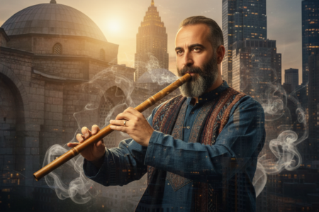 Görsel Promptu Professional cinematic portrait of a Turkish musician playing the ney flute. The background features a double exposure blend of traditional Anatolian architecture and a modern New York City skyline at dusk. Ethereal golden light, mystical smoke, 8k resolution, artistic and spiritual atmosphere representing the fusion of East and West.
