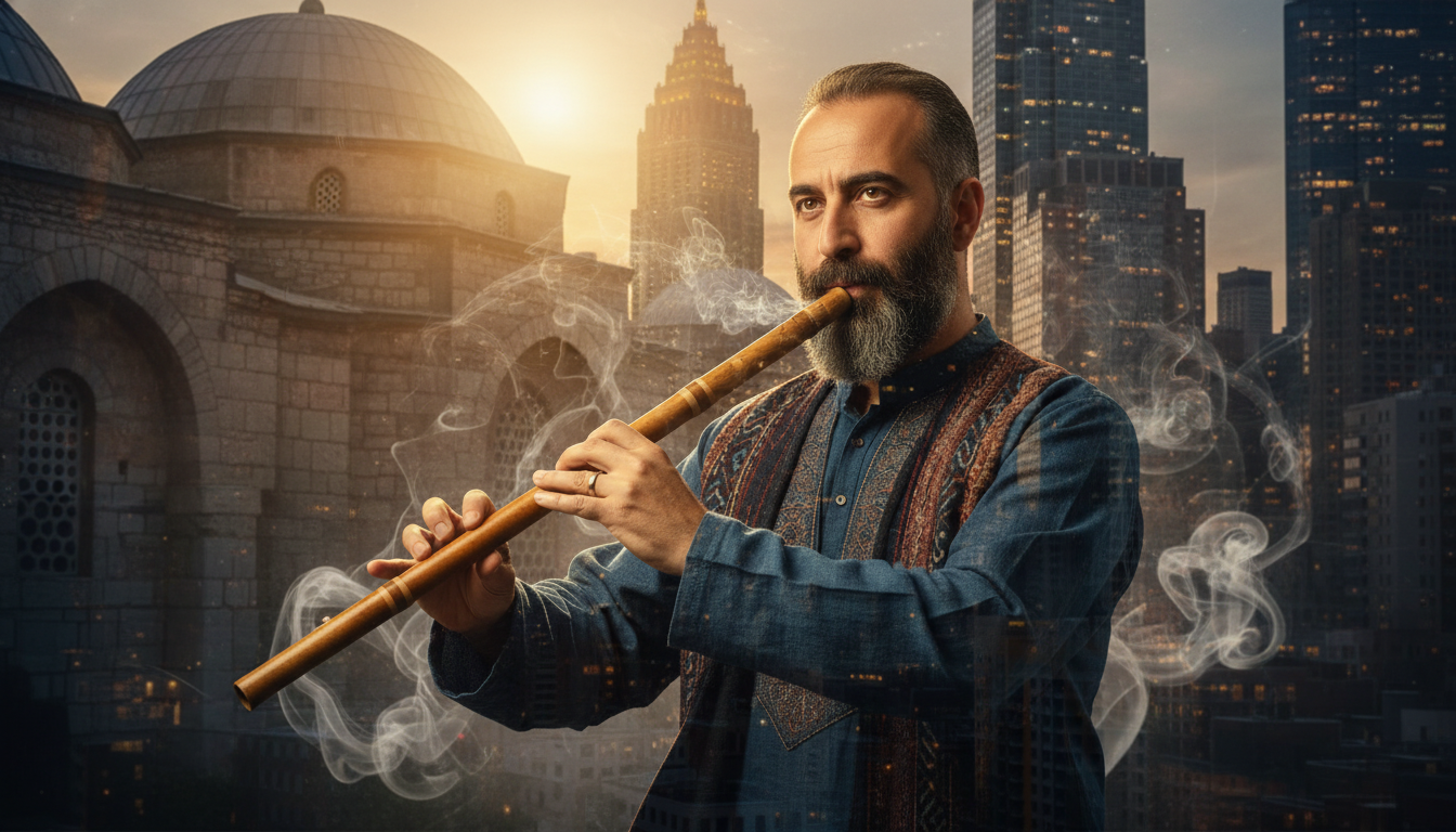 Görsel Promptu Professional cinematic portrait of a Turkish musician playing the ney flute. The background features a double exposure blend of traditional Anatolian architecture and a modern New York City skyline at dusk. Ethereal golden light, mystical smoke, 8k resolution, artistic and spiritual atmosphere representing the fusion of East and West.