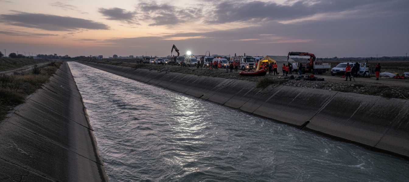 A cinematic and somber wide-angle shot of a concrete irrigation canal in Adana, Turkey, at dawn. The morning light reflects on the fast-flowing water. In the distance, rescue team vehicles and equipment are visible near the water's edge. Professional news photography style, high resolution, melancholic atmosphere.
