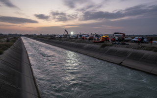 A cinematic and somber wide-angle shot of a concrete irrigation canal in Adana, Turkey, at dawn. The morning light reflects on the fast-flowing water. In the distance, rescue team vehicles and equipment are visible near the water's edge. Professional news photography style, high resolution, melancholic atmosphere.