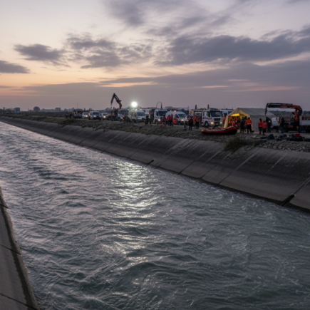 A cinematic and somber wide-angle shot of a concrete irrigation canal in Adana, Turkey, at dawn. The morning light reflects on the fast-flowing water. In the distance, rescue team vehicles and equipment are visible near the water's edge. Professional news photography style, high resolution, melancholic atmosphere.