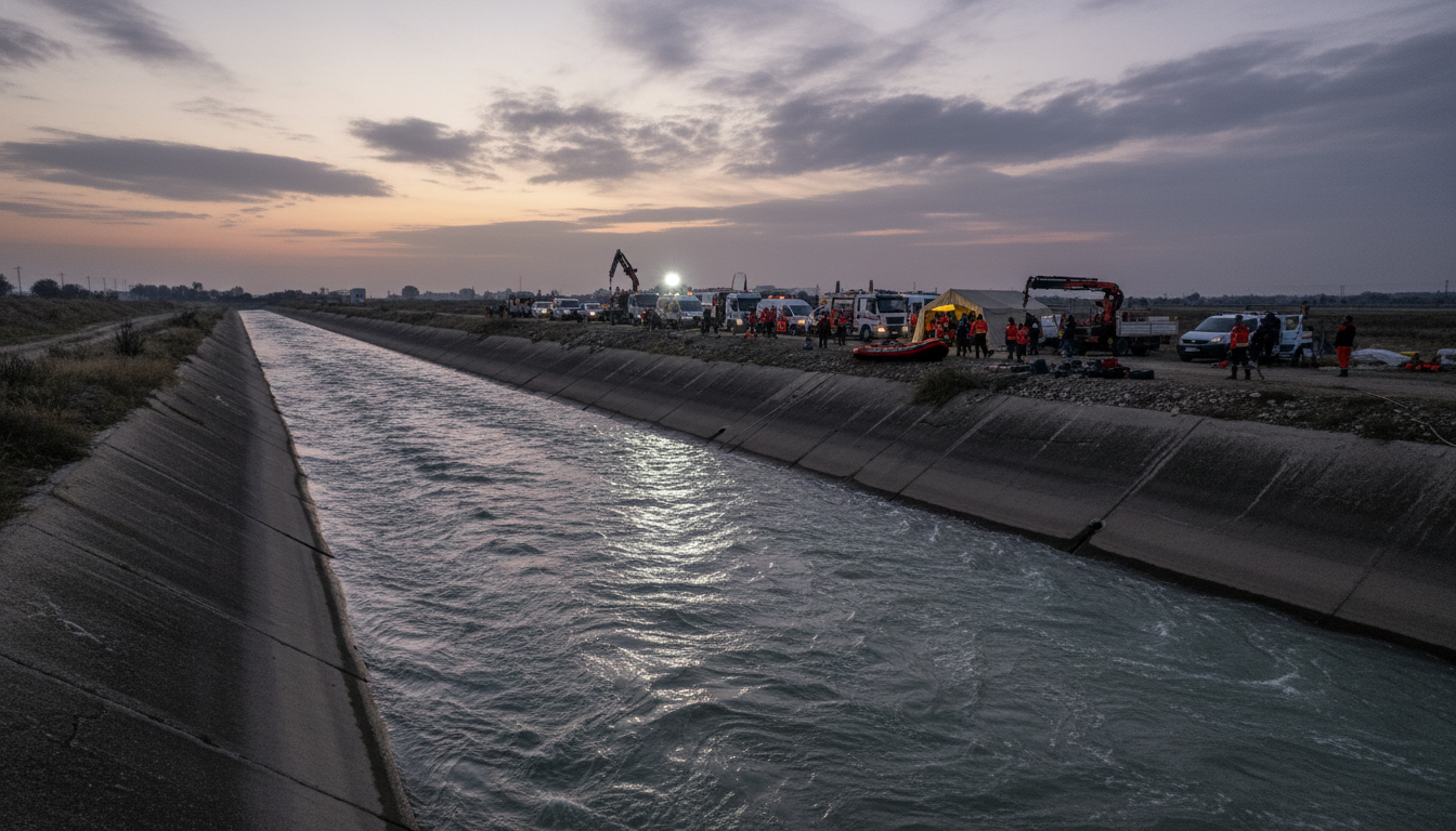 A cinematic and somber wide-angle shot of a concrete irrigation canal in Adana, Turkey, at dawn. The morning light reflects on the fast-flowing water. In the distance, rescue team vehicles and equipment are visible near the water's edge. Professional news photography style, high resolution, melancholic atmosphere.