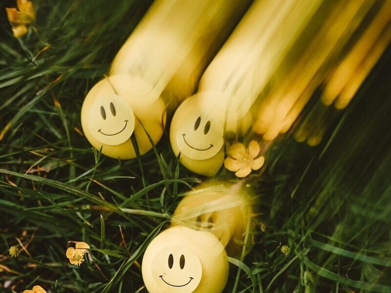 Yellow smiley balls rolling on green grass