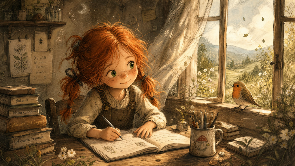 girl, home, homework, school, red-haired, robin, face, freckles, nature, children's book, fairy tale, drawing, grass, book, notebook, landscape, sunlight, painting, interior, blooming, drawing tools