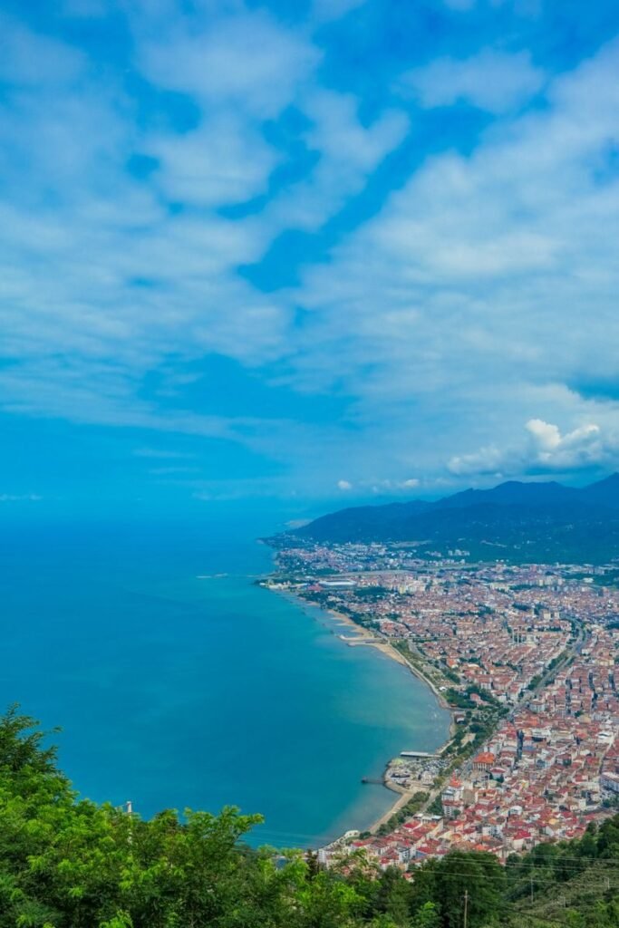 Breathtaking aerial view of Boztepe in Ordu, Türkiye with city skyline and ocean.