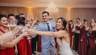 Happy couple and guests raise glasses for a joyful wedding toast indoors.