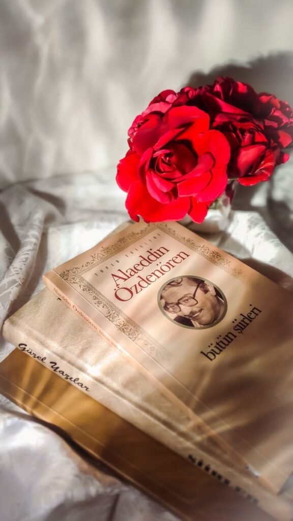 Romantic vintage setup with classic books and vibrant red roses in sunlight.