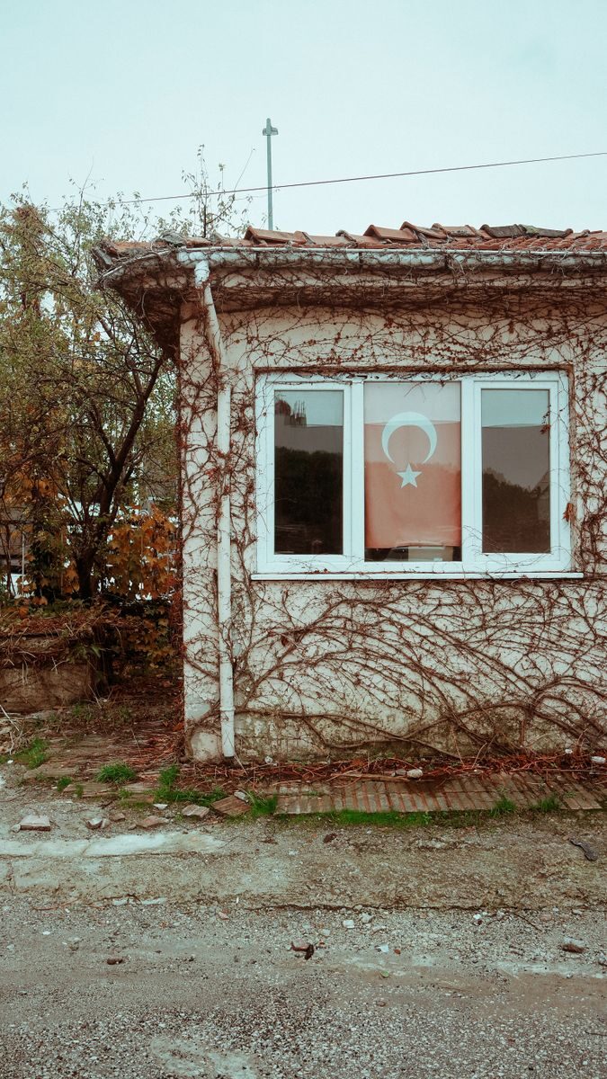 A charming old house in Tekirdağ, Türkiye, showcasing a Turkish flag and ivy-covered walls.