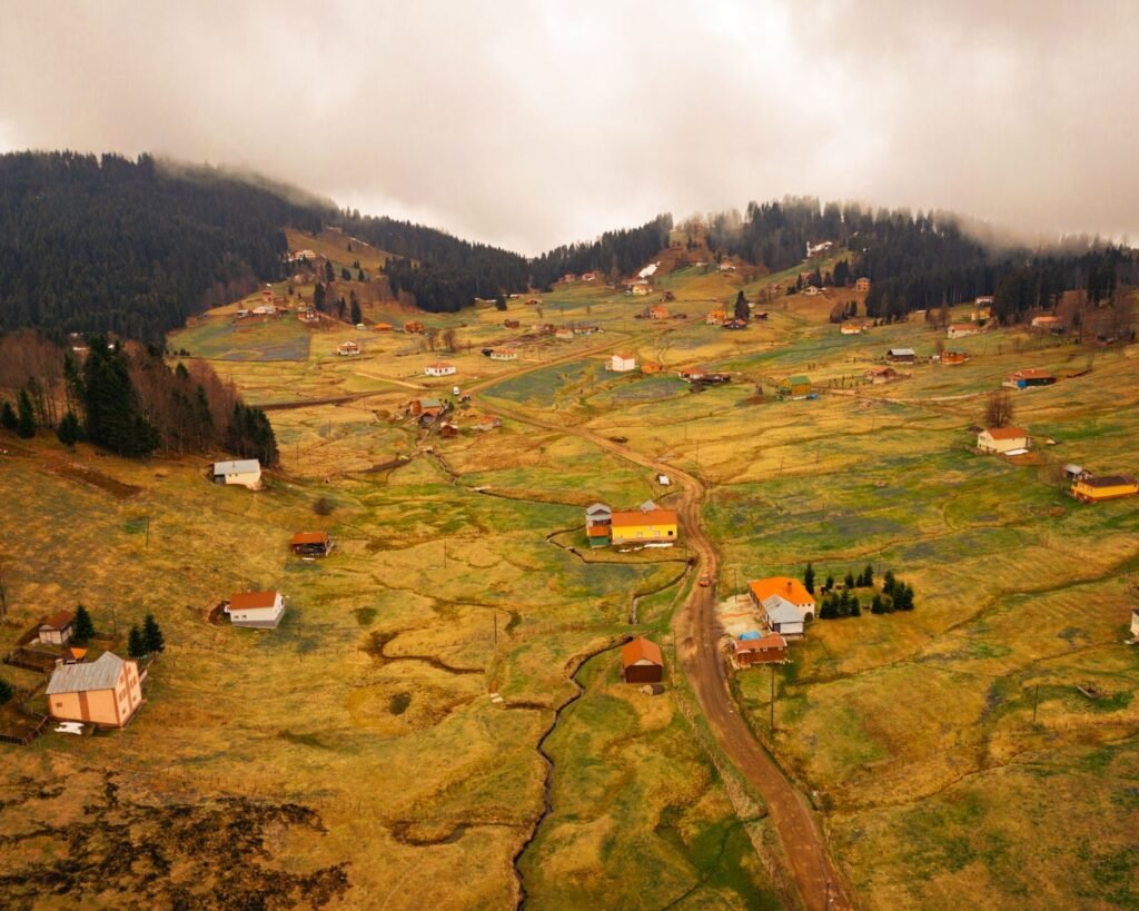 Scenic aerial view of the rural countryside and village in Trabzon, Türkiye.