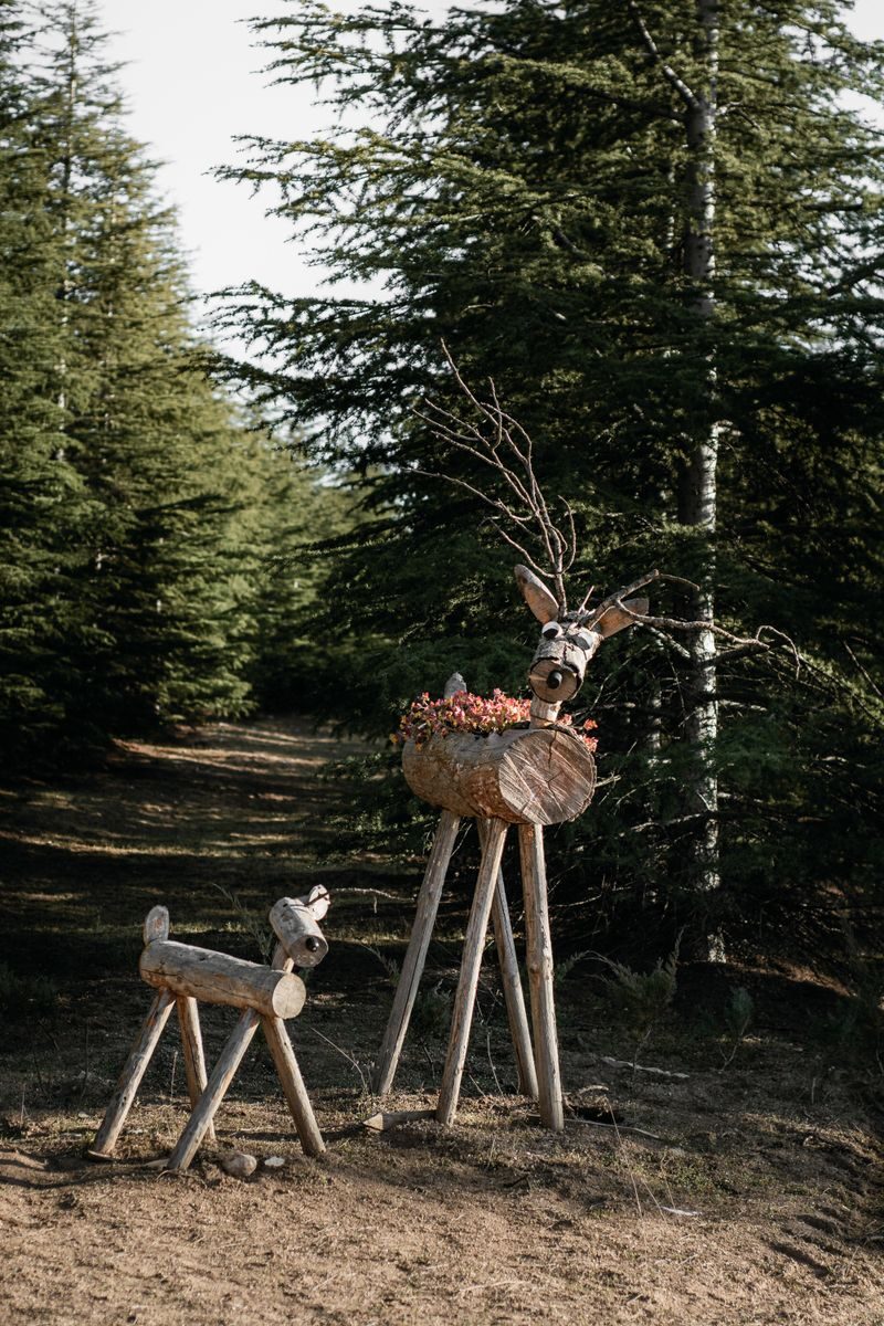Decorative wooden deer sculptures amidst a serene forest backdrop.