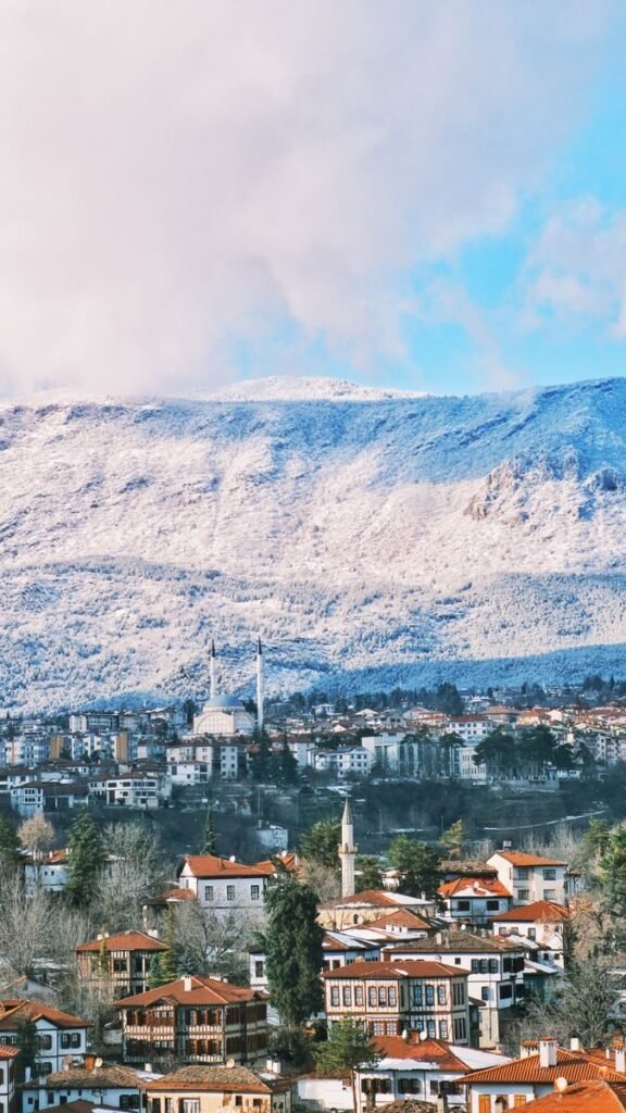 Picturesque view of a snow-covered mountain town featuring traditional architecture and a serene winter landscape.