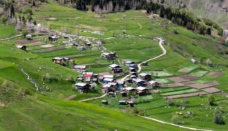 Charming rural village in Artvin, Türkiye, captured from above, showcasing lush landscapes and rustic homes.