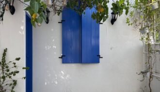 Rustic courtyard featuring vibrant blue shutters, natural stone flooring, and lush greenery thriving in natural light.