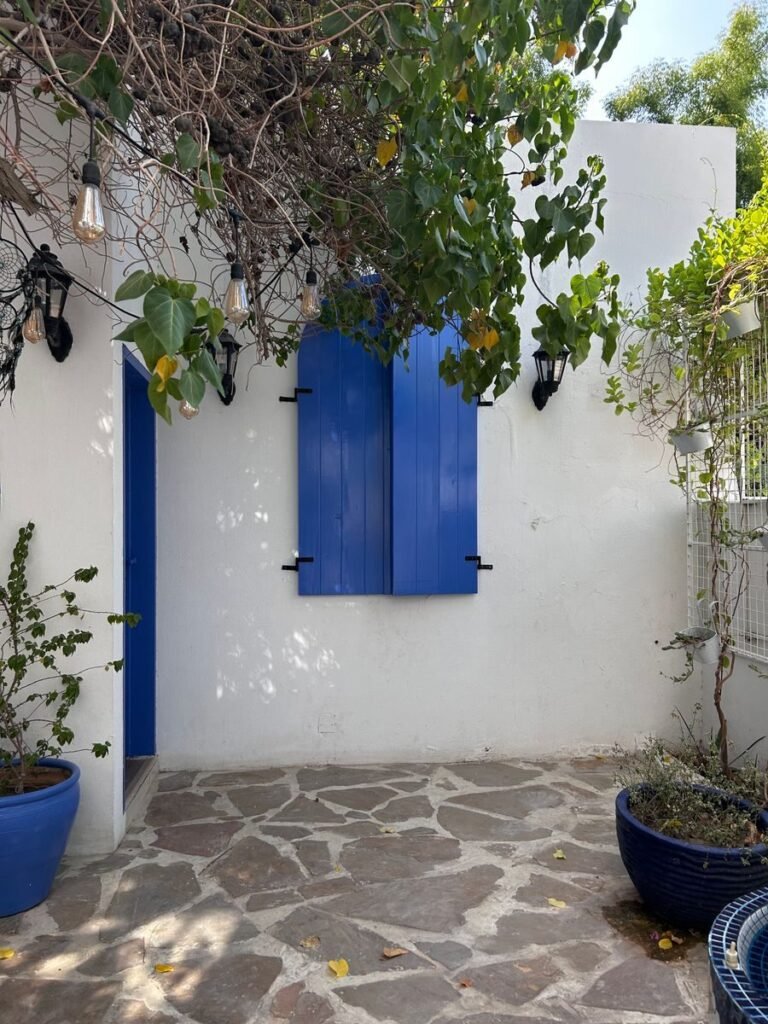 Rustic courtyard featuring vibrant blue shutters, natural stone flooring, and lush greenery thriving in natural light.