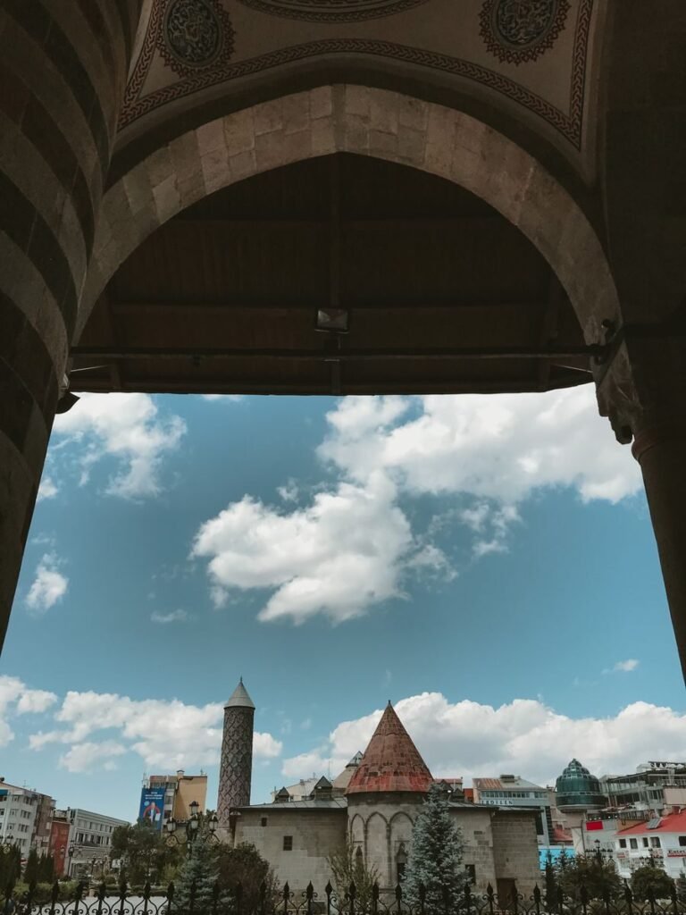 A beautiful view of Yakutiye Medrese with blue skies in Erzurum, Türkiye.