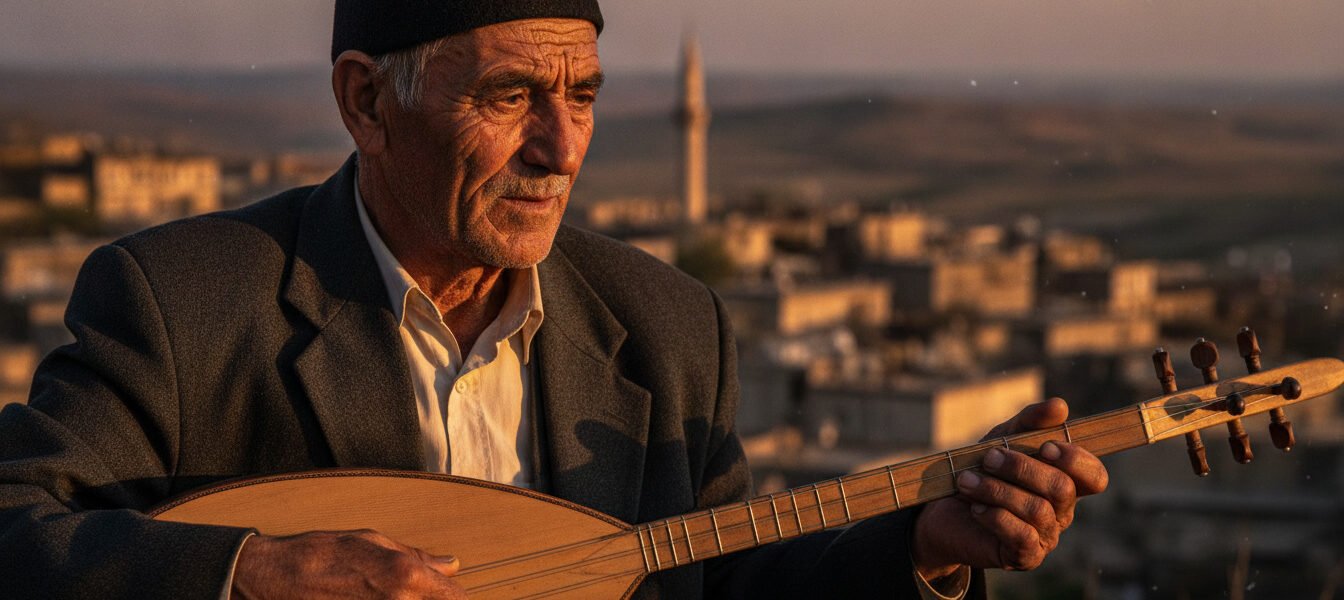 A highly detailed, cinematic portrait of an elderly Turkish folk poet (ashik) with a weathered face, wearing a traditional dark felt hat and a vintage suit jacket. He is holding a wooden 'saz' (bağlama) with calloused fingers. The background is a soft-focus Anatolian village landscape at sunset with golden light hitting the strings of the instrument. No text, high resolution, hyper-realistic, dramatic shadows.