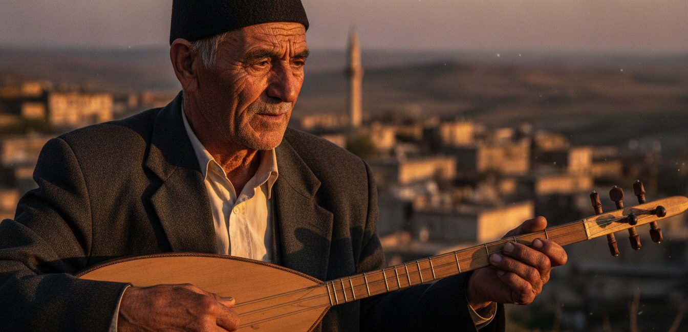 A highly detailed, cinematic portrait of an elderly Turkish folk poet (ashik) with a weathered face, wearing a traditional dark felt hat and a vintage suit jacket. He is holding a wooden 'saz' (bağlama) with calloused fingers. The background is a soft-focus Anatolian village landscape at sunset with golden light hitting the strings of the instrument. No text, high resolution, hyper-realistic, dramatic shadows.