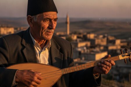 A highly detailed, cinematic portrait of an elderly Turkish folk poet (ashik) with a weathered face, wearing a traditional dark felt hat and a vintage suit jacket. He is holding a wooden 'saz' (bağlama) with calloused fingers. The background is a soft-focus Anatolian village landscape at sunset with golden light hitting the strings of the instrument. No text, high resolution, hyper-realistic, dramatic shadows.