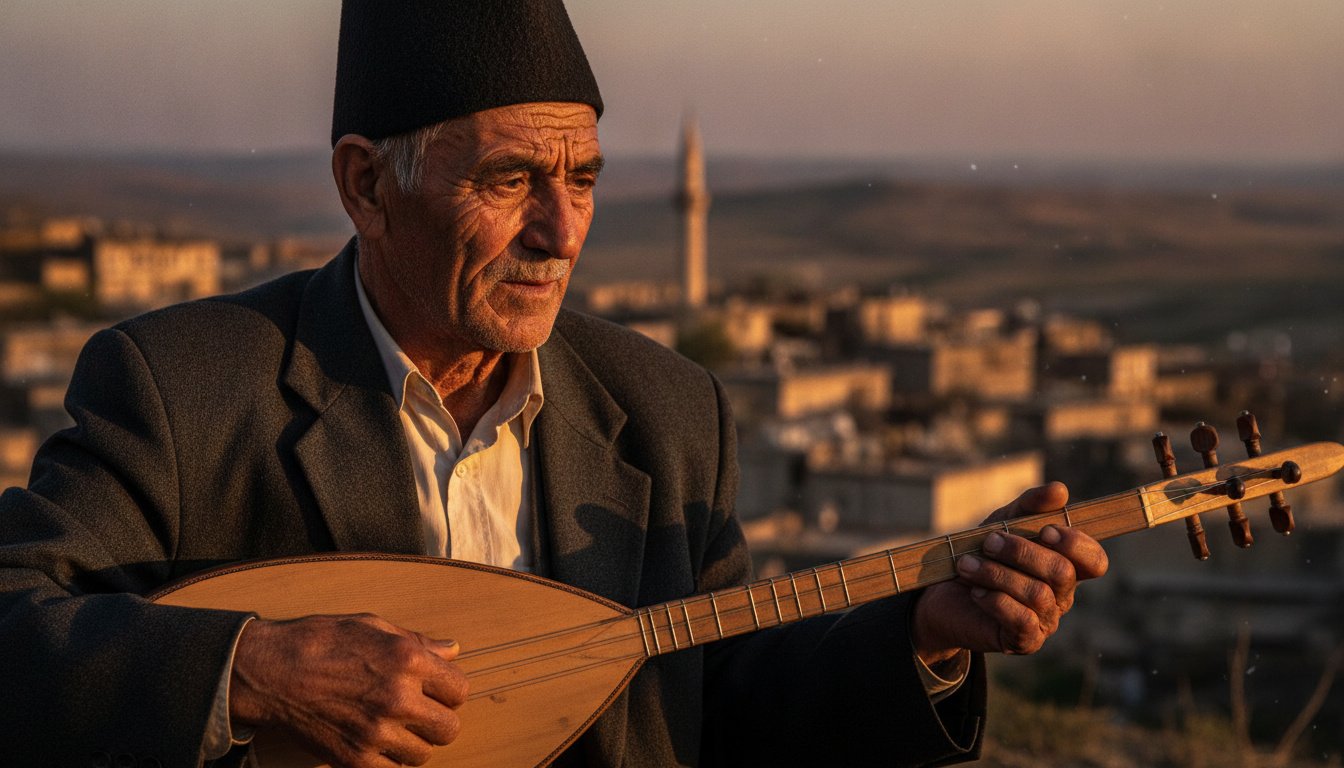 A highly detailed, cinematic portrait of an elderly Turkish folk poet (ashik) with a weathered face, wearing a traditional dark felt hat and a vintage suit jacket. He is holding a wooden 'saz' (bağlama) with calloused fingers. The background is a soft-focus Anatolian village landscape at sunset with golden light hitting the strings of the instrument. No text, high resolution, hyper-realistic, dramatic shadows.