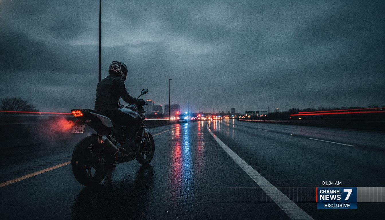 Professional cinematic photography of a highway at night, blurred emergency vehicle lights in the background, a silhouette of a motorcycle on the side of the road, dramatic lighting, somber mood, high resolution news style.