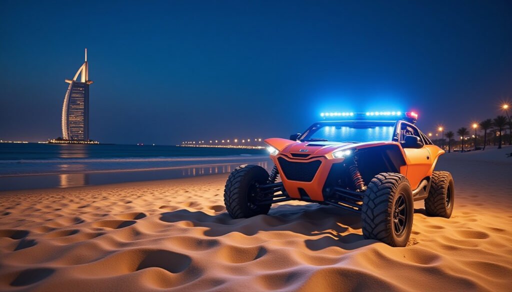 A cinematic and dramatic wide shot of a luxury Dubai beach at dusk, an overturned recreational sand buggy on the shoreline, blurred emergency lights in the background, high-contrast news photography style, moody atmosphere.