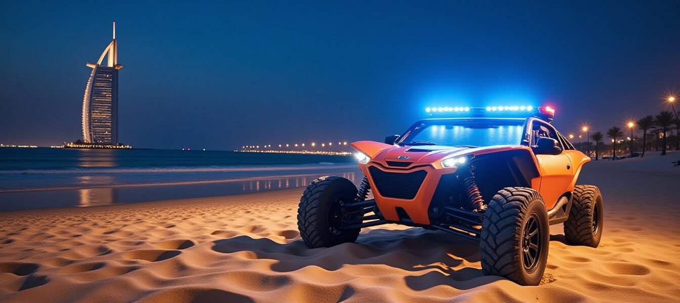 A cinematic and dramatic wide shot of a luxury Dubai beach at dusk, an overturned recreational sand buggy on the shoreline, blurred emergency lights in the background, high-contrast news photography style, moody atmosphere.