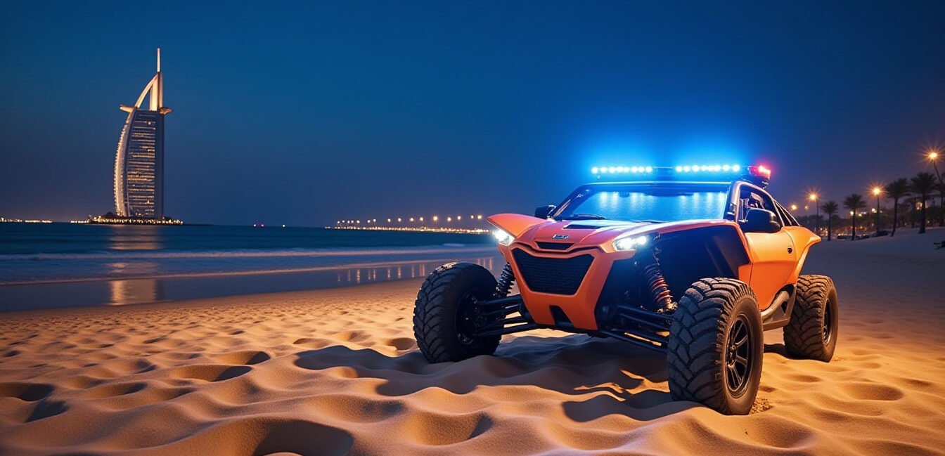 A cinematic and dramatic wide shot of a luxury Dubai beach at dusk, an overturned recreational sand buggy on the shoreline, blurred emergency lights in the background, high-contrast news photography style, moody atmosphere.