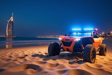 A cinematic and dramatic wide shot of a luxury Dubai beach at dusk, an overturned recreational sand buggy on the shoreline, blurred emergency lights in the background, high-contrast news photography style, moody atmosphere.