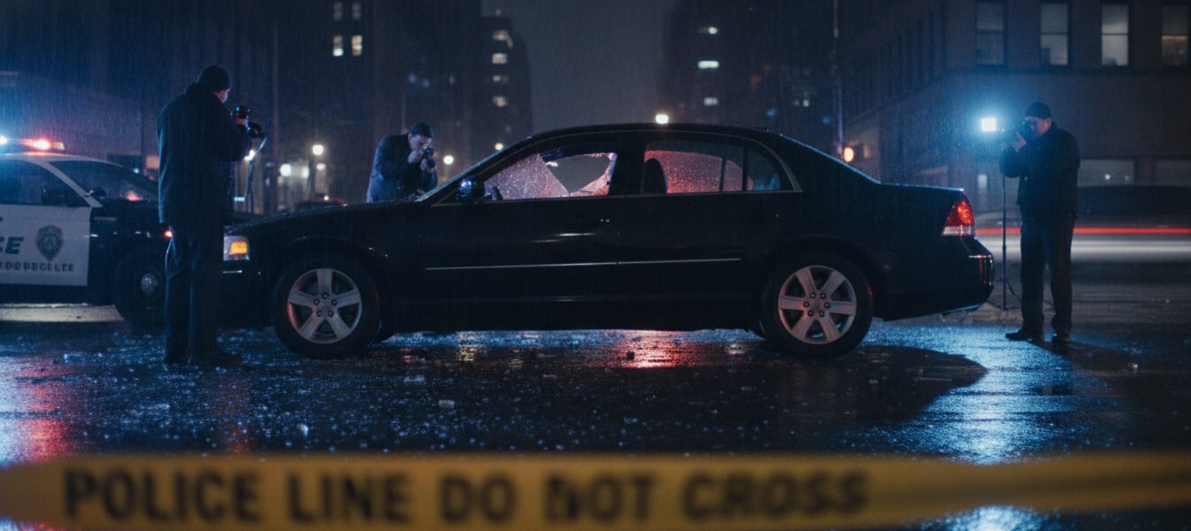 Cinematic high-quality photograph of a crime scene investigation, a parked car on a city street at night with a shattered side window, flickering blue and red police lights reflecting on the wet pavement and the vehicle, yellow police tape in the foreground, professional news photography style, moody and dramatic lighting.