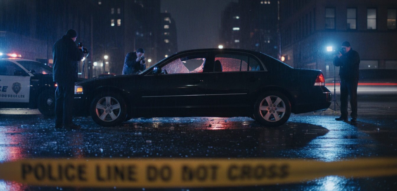 Cinematic high-quality photograph of a crime scene investigation, a parked car on a city street at night with a shattered side window, flickering blue and red police lights reflecting on the wet pavement and the vehicle, yellow police tape in the foreground, professional news photography style, moody and dramatic lighting.
