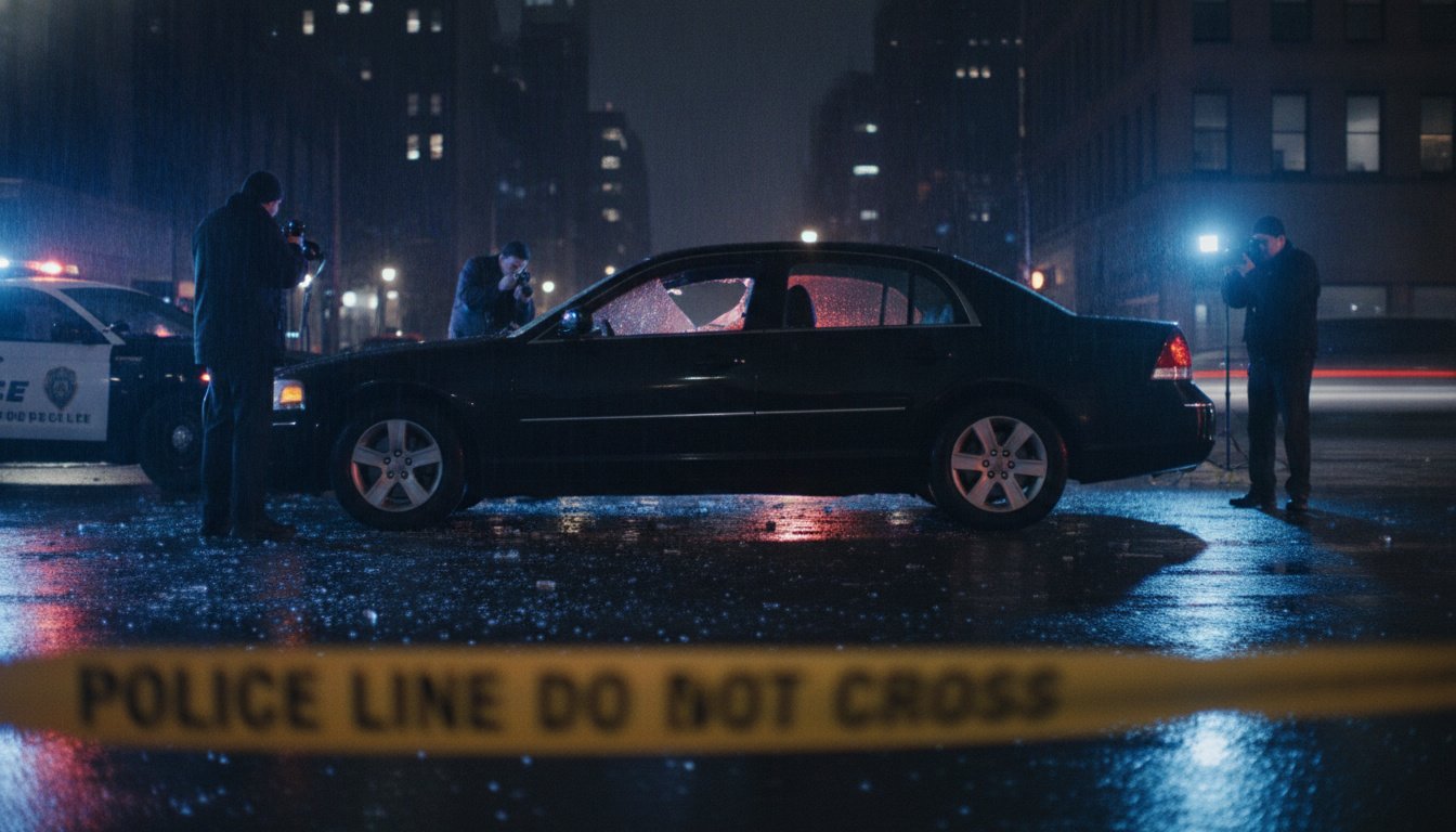 Cinematic high-quality photograph of a crime scene investigation, a parked car on a city street at night with a shattered side window, flickering blue and red police lights reflecting on the wet pavement and the vehicle, yellow police tape in the foreground, professional news photography style, moody and dramatic lighting.