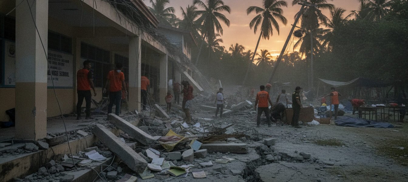 " A dramatic and realistic news-style photograph depicting the aftermath of a 6.7 magnitude earthquake in Sarangani, Philippines. The scene shows a partially collapsed school porch with scattered debris, dust in the air, and a sense of emergency. Tropical environment with palm trees in the background, cinematic lighting, high detail, 8k resolution, professional photojournalism style.