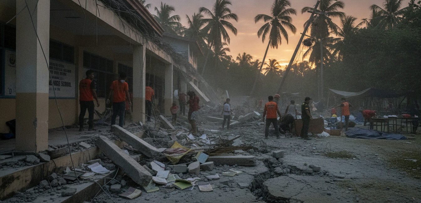 " A dramatic and realistic news-style photograph depicting the aftermath of a 6.7 magnitude earthquake in Sarangani, Philippines. The scene shows a partially collapsed school porch with scattered debris, dust in the air, and a sense of emergency. Tropical environment with palm trees in the background, cinematic lighting, high detail, 8k resolution, professional photojournalism style.