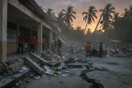 " A dramatic and realistic news-style photograph depicting the aftermath of a 6.7 magnitude earthquake in Sarangani, Philippines. The scene shows a partially collapsed school porch with scattered debris, dust in the air, and a sense of emergency. Tropical environment with palm trees in the background, cinematic lighting, high detail, 8k resolution, professional photojournalism style.