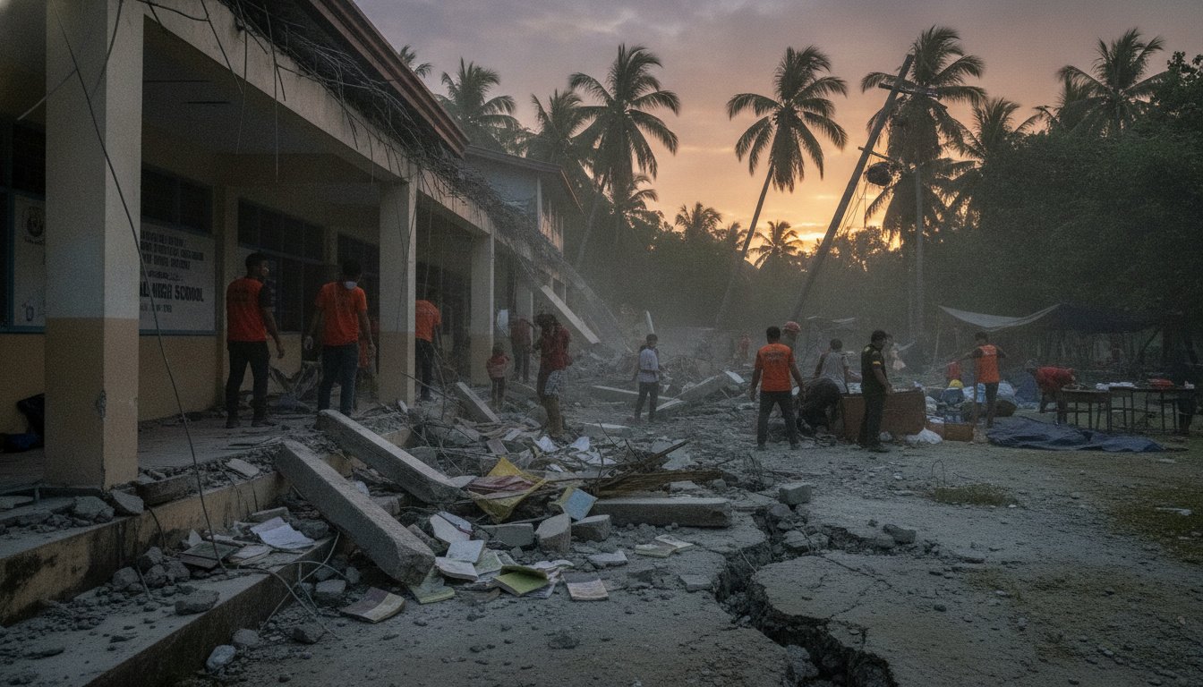 " A dramatic and realistic news-style photograph depicting the aftermath of a 6.7 magnitude earthquake in Sarangani, Philippines. The scene shows a partially collapsed school porch with scattered debris, dust in the air, and a sense of emergency. Tropical environment with palm trees in the background, cinematic lighting, high detail, 8k resolution, professional photojournalism style.