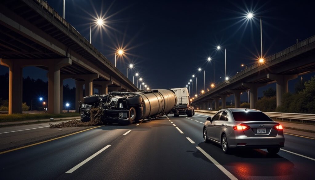 A cinematic wide shot of a highway accident involving a heavy-duty cargo truck with a shredded tire on the asphalt. Flashing blue and red emergency lights from police cars in the background, debris scattered across the road, dramatic lighting, photorealistic, 8k resolution, professional news photography style.