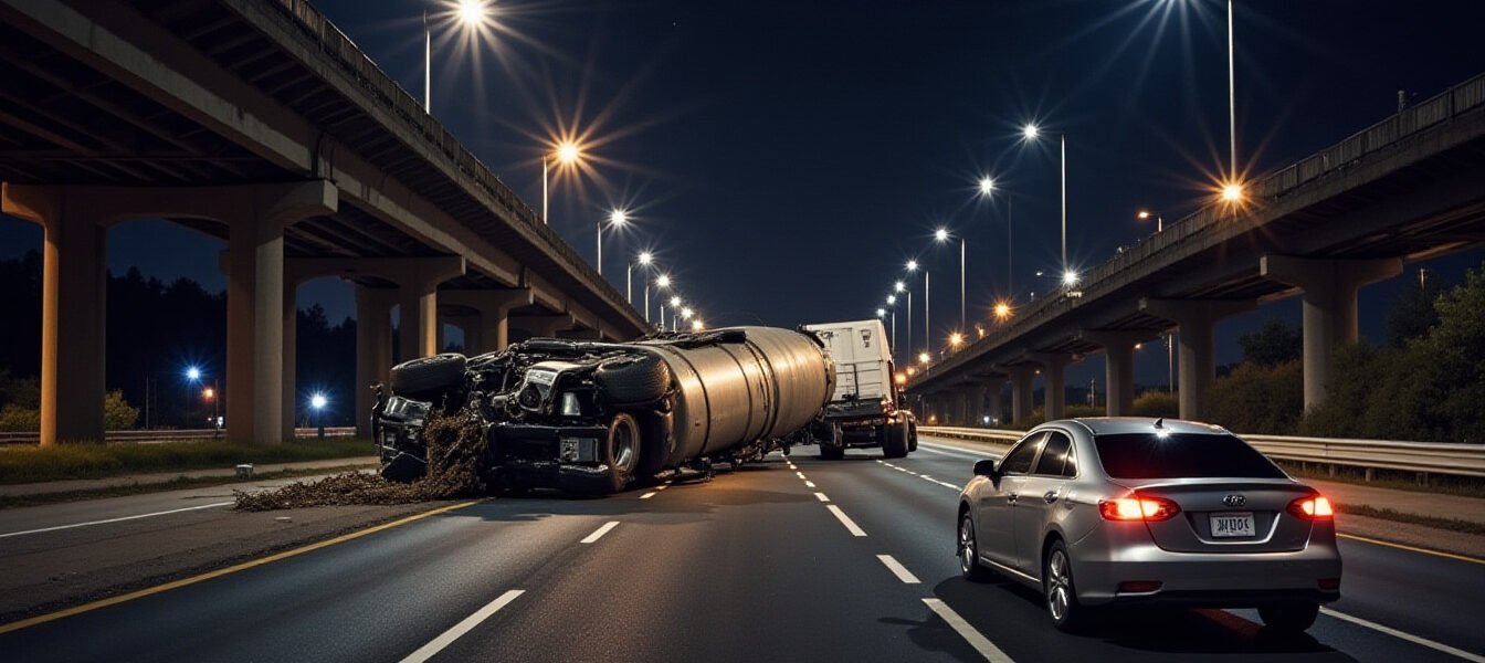 A cinematic wide shot of a highway accident involving a heavy-duty cargo truck with a shredded tire on the asphalt. Flashing blue and red emergency lights from police cars in the background, debris scattered across the road, dramatic lighting, photorealistic, 8k resolution, professional news photography style.