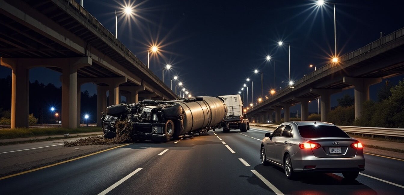 A cinematic wide shot of a highway accident involving a heavy-duty cargo truck with a shredded tire on the asphalt. Flashing blue and red emergency lights from police cars in the background, debris scattered across the road, dramatic lighting, photorealistic, 8k resolution, professional news photography style.