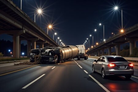 A cinematic wide shot of a highway accident involving a heavy-duty cargo truck with a shredded tire on the asphalt. Flashing blue and red emergency lights from police cars in the background, debris scattered across the road, dramatic lighting, photorealistic, 8k resolution, professional news photography style.