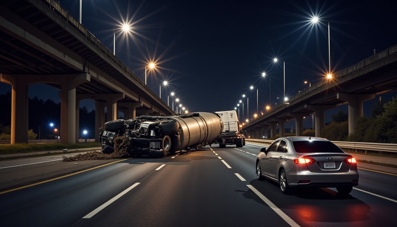 A cinematic wide shot of a highway accident involving a heavy-duty cargo truck with a shredded tire on the asphalt. Flashing blue and red emergency lights from police cars in the background, debris scattered across the road, dramatic lighting, photorealistic, 8k resolution, professional news photography style.