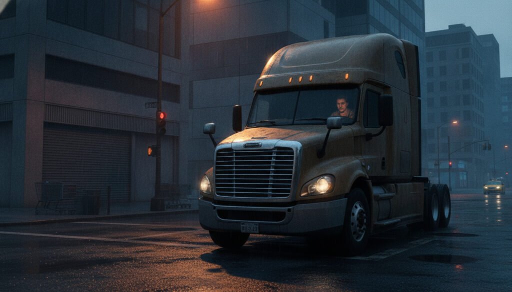 A professional documentary-style photograph of a large commercial truck stopped at a traffic light intersection, dramatic lighting, urban environment, somber atmosphere, high contrast, cinematic 8k, realistic textures.
