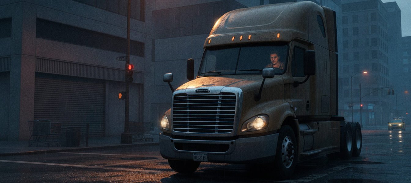 A professional documentary-style photograph of a large commercial truck stopped at a traffic light intersection, dramatic lighting, urban environment, somber atmosphere, high contrast, cinematic 8k, realistic textures.