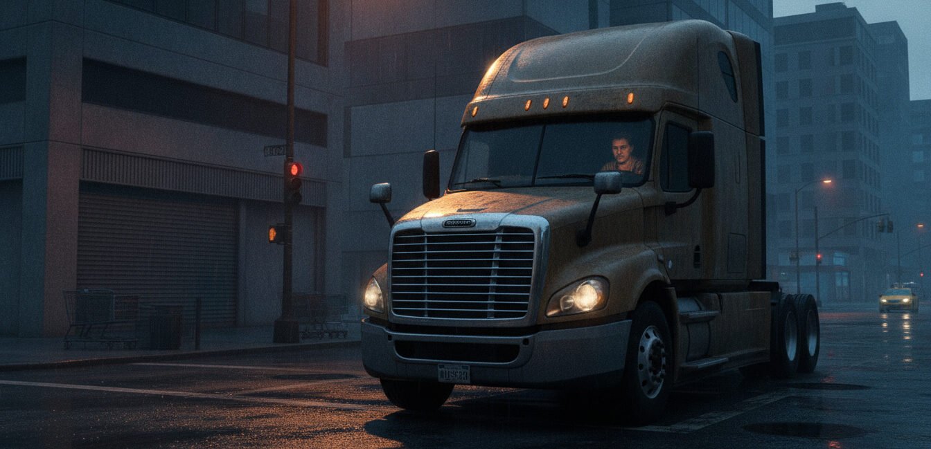 A professional documentary-style photograph of a large commercial truck stopped at a traffic light intersection, dramatic lighting, urban environment, somber atmosphere, high contrast, cinematic 8k, realistic textures.