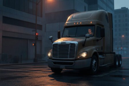 A professional documentary-style photograph of a large commercial truck stopped at a traffic light intersection, dramatic lighting, urban environment, somber atmosphere, high contrast, cinematic 8k, realistic textures.