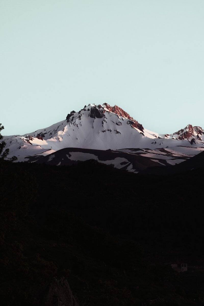 Snow-capped mountain peak under a clear sky.