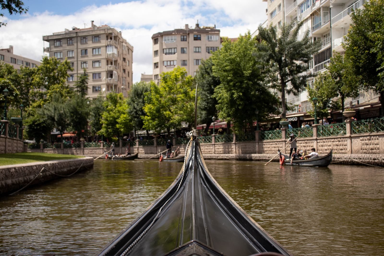Experience a scenic gondola ride through a lush urban canal on a sunny summer day.
