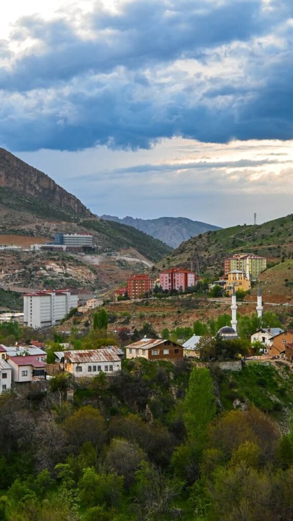 Picturesque landscape of Gümüşhane, Türkiye with colorful buildings and dramatic sky.
