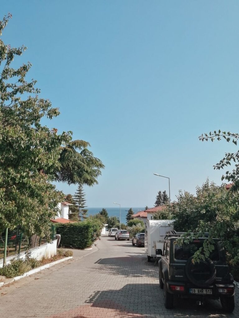A picturesque street in Tekirdağ with ocean view and greenery, capturing a summer's day.