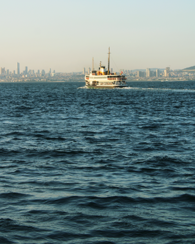 A ferry on the Bosphorus with Istanbul's skyline in the background, capturing a scenic travel moment.